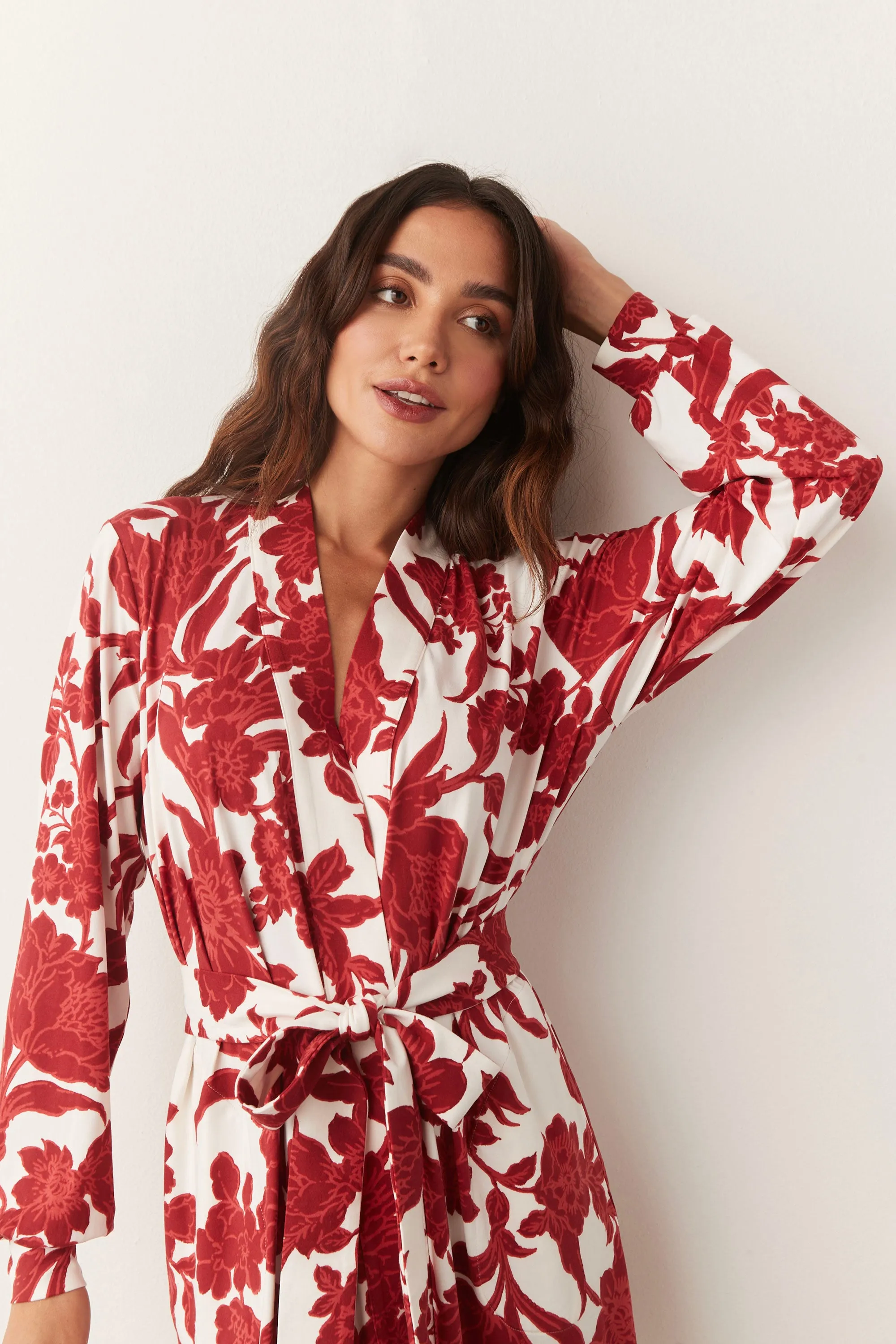 Quinn Banded Short Robe | Scarlet Floral