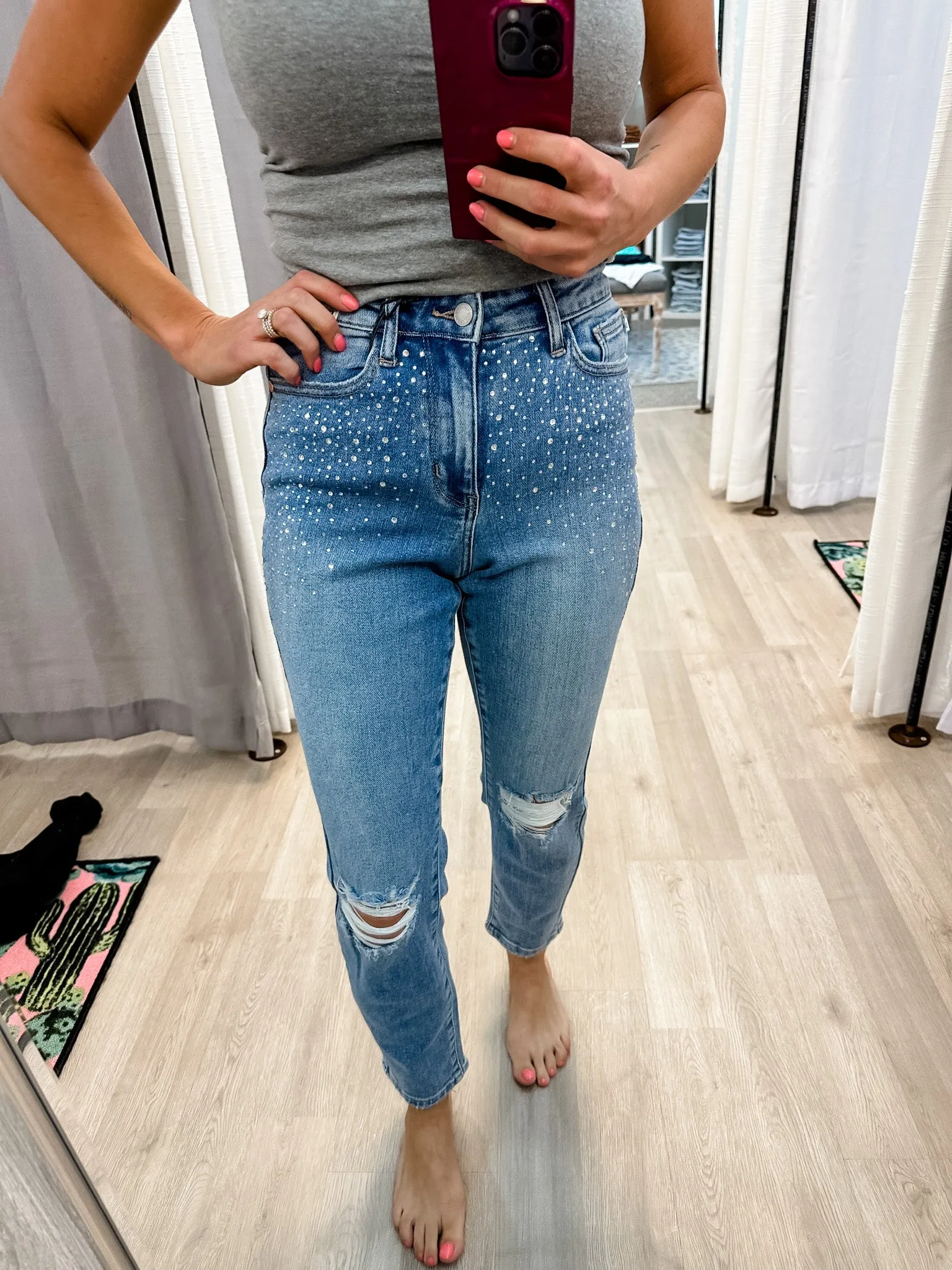 Rhinestone Destroyed Slim Cut Jeans