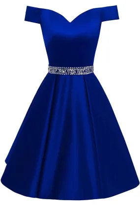 Royal Blue Short Beaded Prom Dresses Off The Shoulder Backless Homecoming Dress