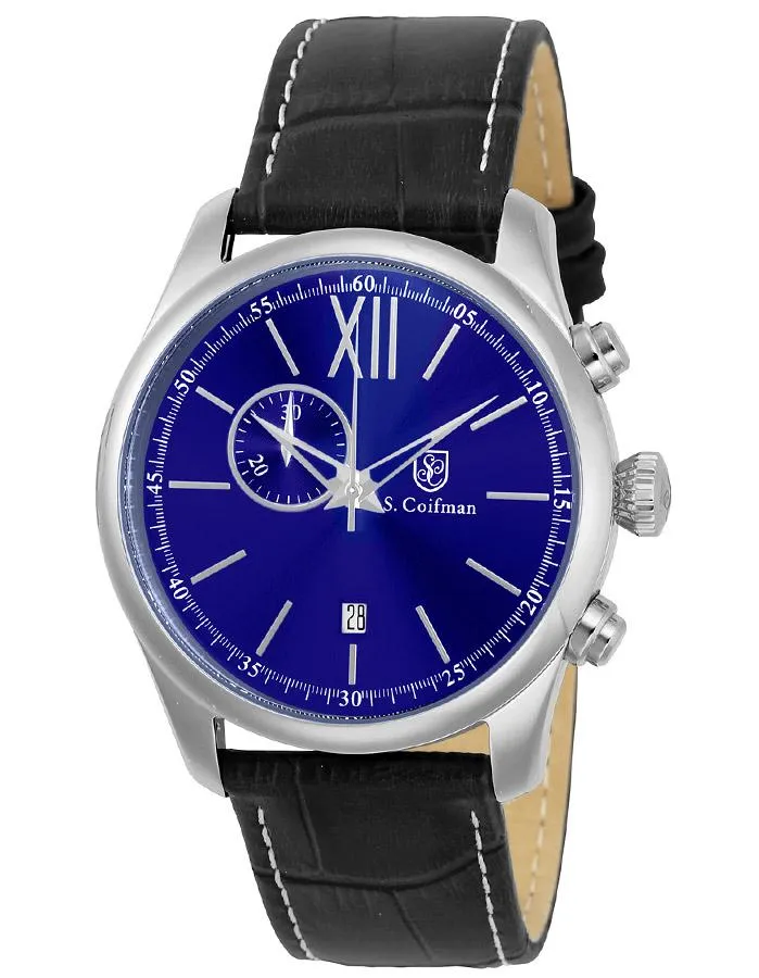 S.Coifman Mens Chronograph - Blue Dial - Stainless Steel - Black Leather Strap