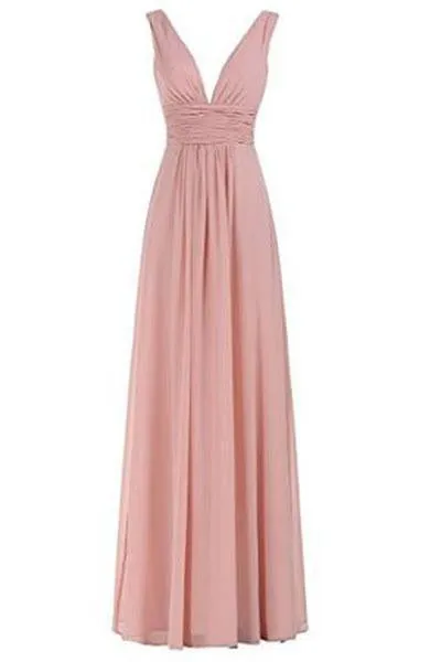 Sexy V-Neck Ruched Waist Long Prom Evening Gown Bridesmaid Dress