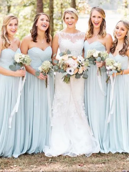 Simple A-Line Sweetheart Light Blue Long Spaghetti Straps Chiffon Bridesmaid Dress with Pleats