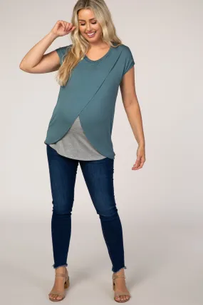 Slate Blue Layered Wrap Front Maternity/Nursing Top