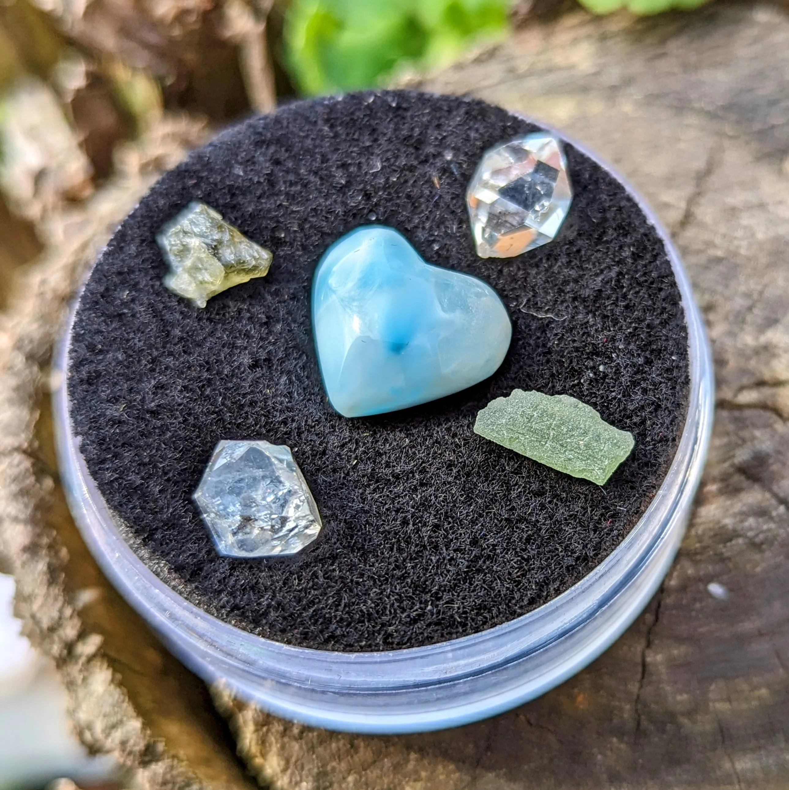 solar and Earth Star and Throat Chakra Alignments ~ Larimar Heart, Herkimer Diamonds and TWO  Genuine Moldavite & Herkimer Diamond Natural Crystal in Collectors Box