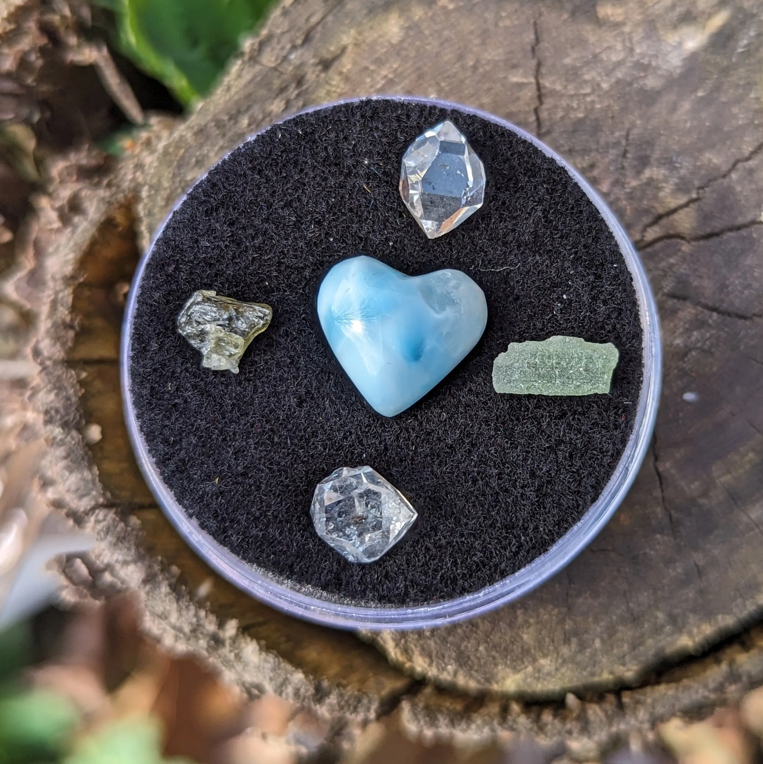 solar and Earth Star and Throat Chakra Alignments ~ Larimar Heart, Herkimer Diamonds and TWO  Genuine Moldavite & Herkimer Diamond Natural Crystal in Collectors Box