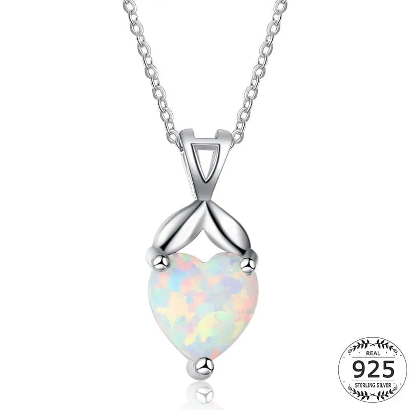 Solitaire Opal Heart Pendant Necklace - 925 Sterling Silver