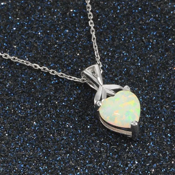 Solitaire Opal Heart Pendant Necklace - 925 Sterling Silver