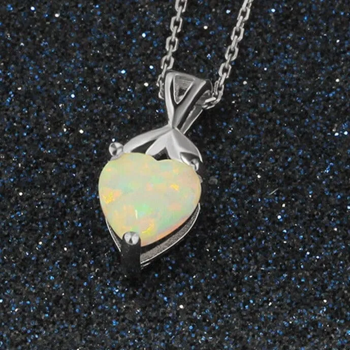 Solitaire Opal Heart Pendant Necklace - 925 Sterling Silver