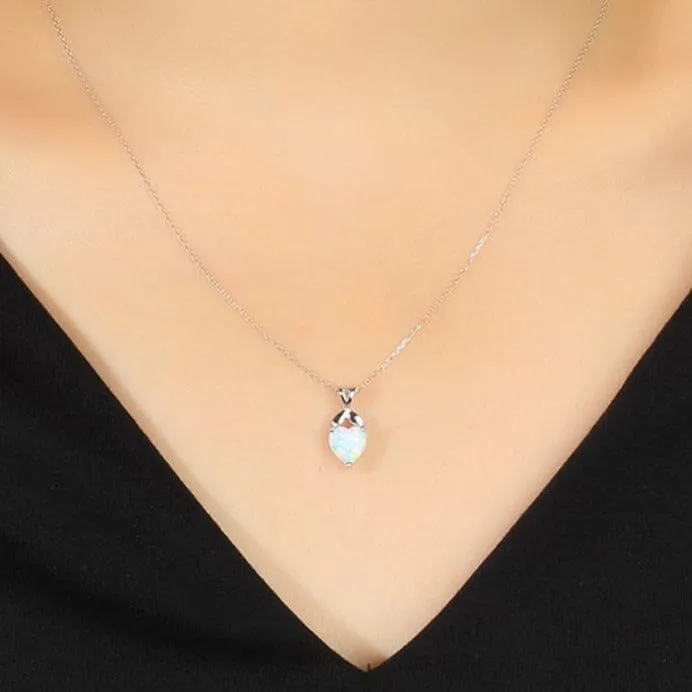 Solitaire Opal Heart Pendant Necklace - 925 Sterling Silver