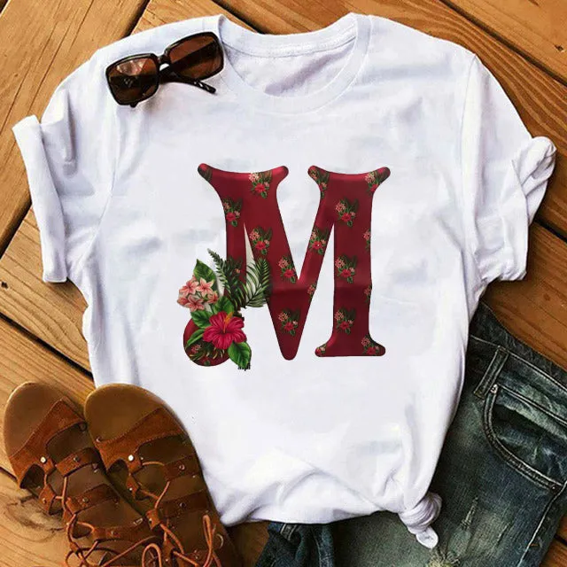 Spring Alphabet with Pink Flowers D Print T Shirt Women T Shirt Customize Name T Shirt Short Sleeve Female Woman Tee Top S4658281