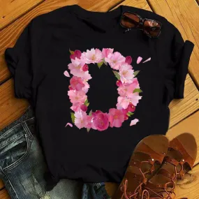 Spring Alphabet with Pink Flowers D Print T Shirt Women T Shirt Customize Name T Shirt Short Sleeve Female Woman Tee Top S4658281