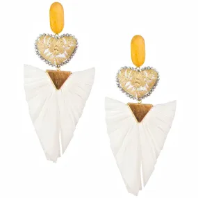 Statement Embroidered Heart with Raffia Fan Mexican Earrings