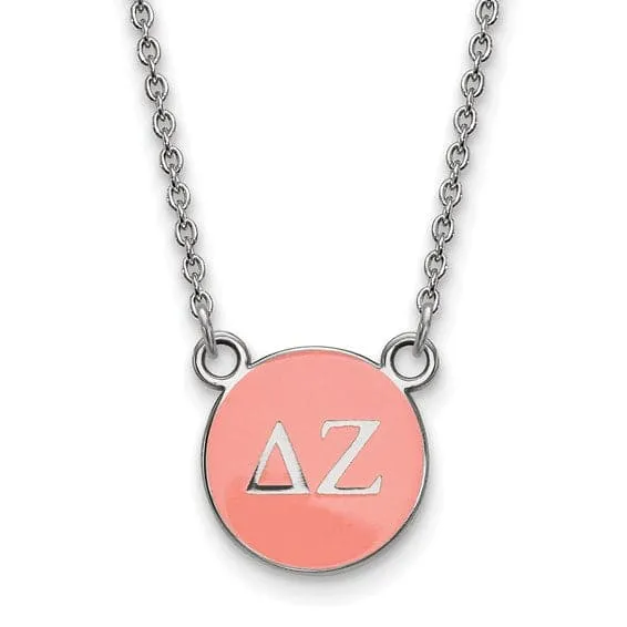 Sterling Silver Pitt Greek Delta Zeta Pink Enamel Disc Necklace