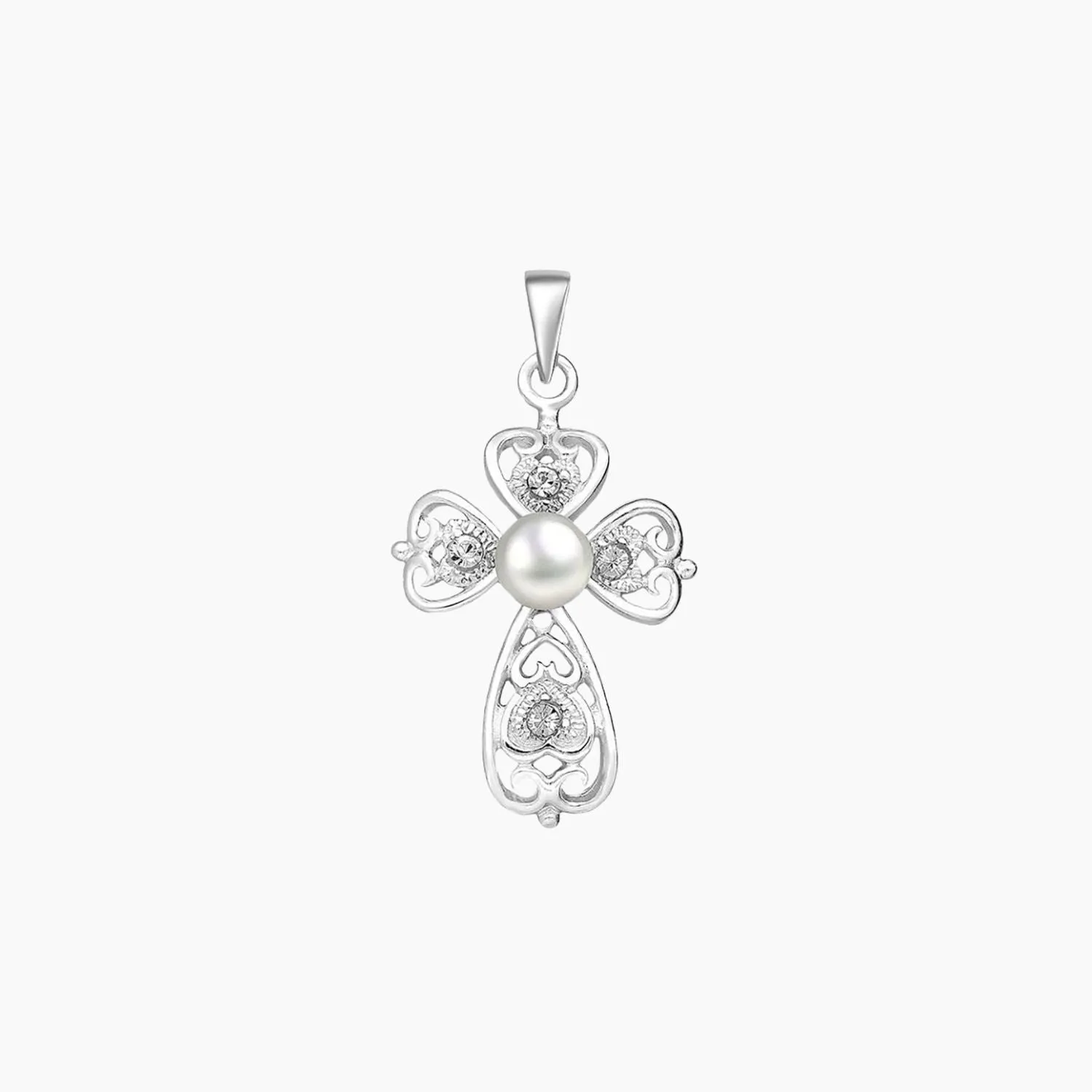 Swirl Cross Pendant Decorated with Crystal & Freshwater Pearl