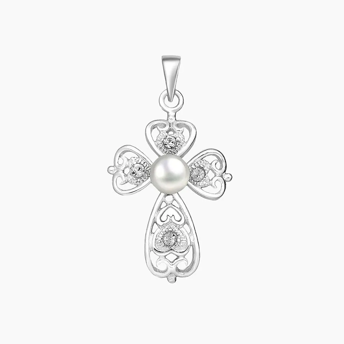 Swirl Cross Pendant Decorated with Crystal & Freshwater Pearl