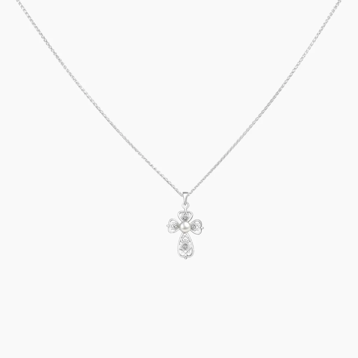 Swirl Cross Pendant Decorated with Crystal & Freshwater Pearl