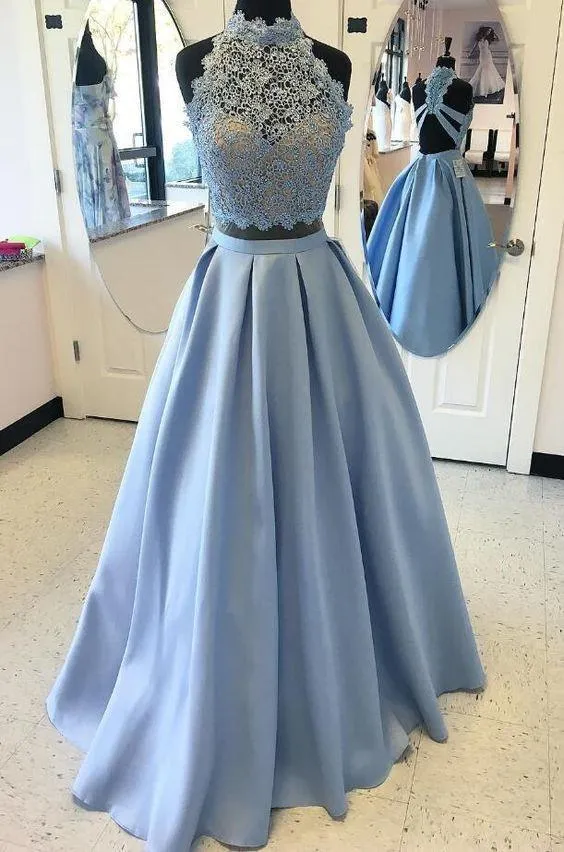 Two Piece Sky Blue Prom Dress Two Piece Sky Blue Long Prom Dresses