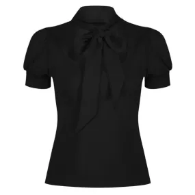 Vintage Black Puff Sleeve Tie Neck Top