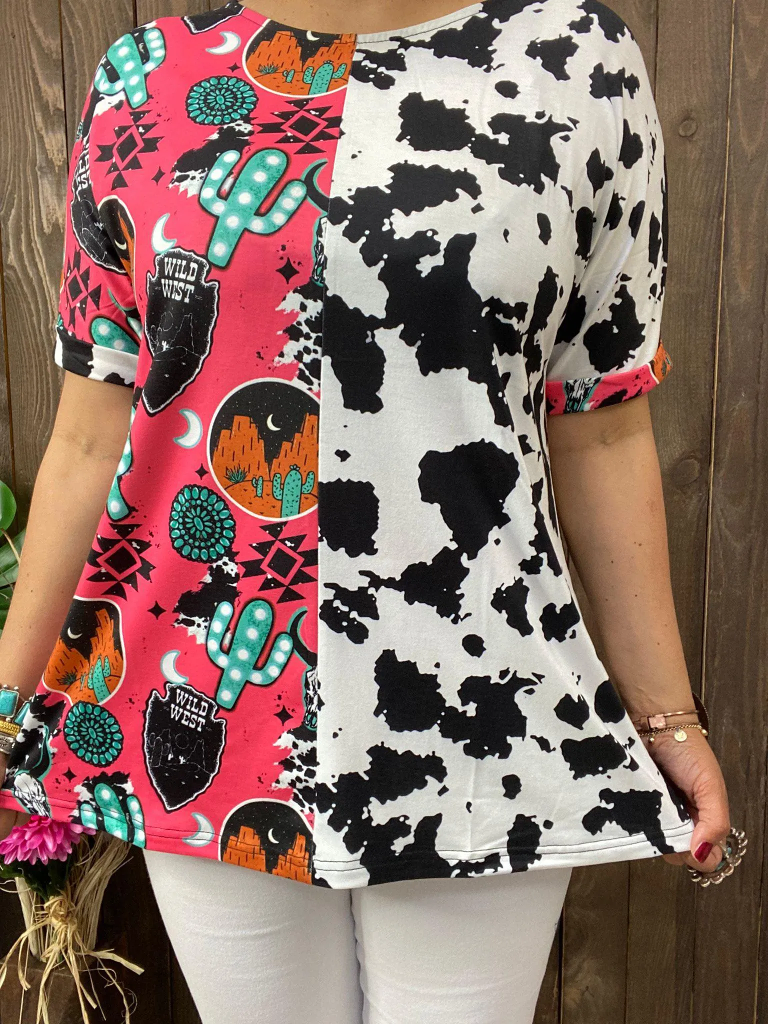 Western Print & Half Cow print top