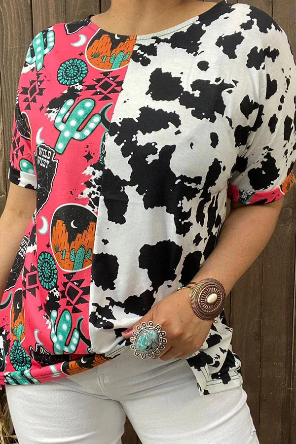 Western Print & Half Cow print top