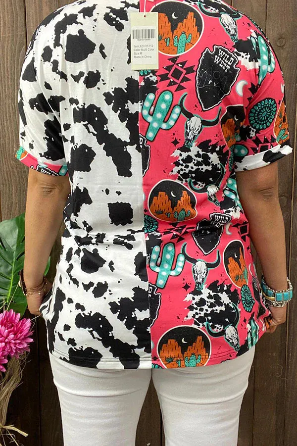 Western Print & Half Cow print top