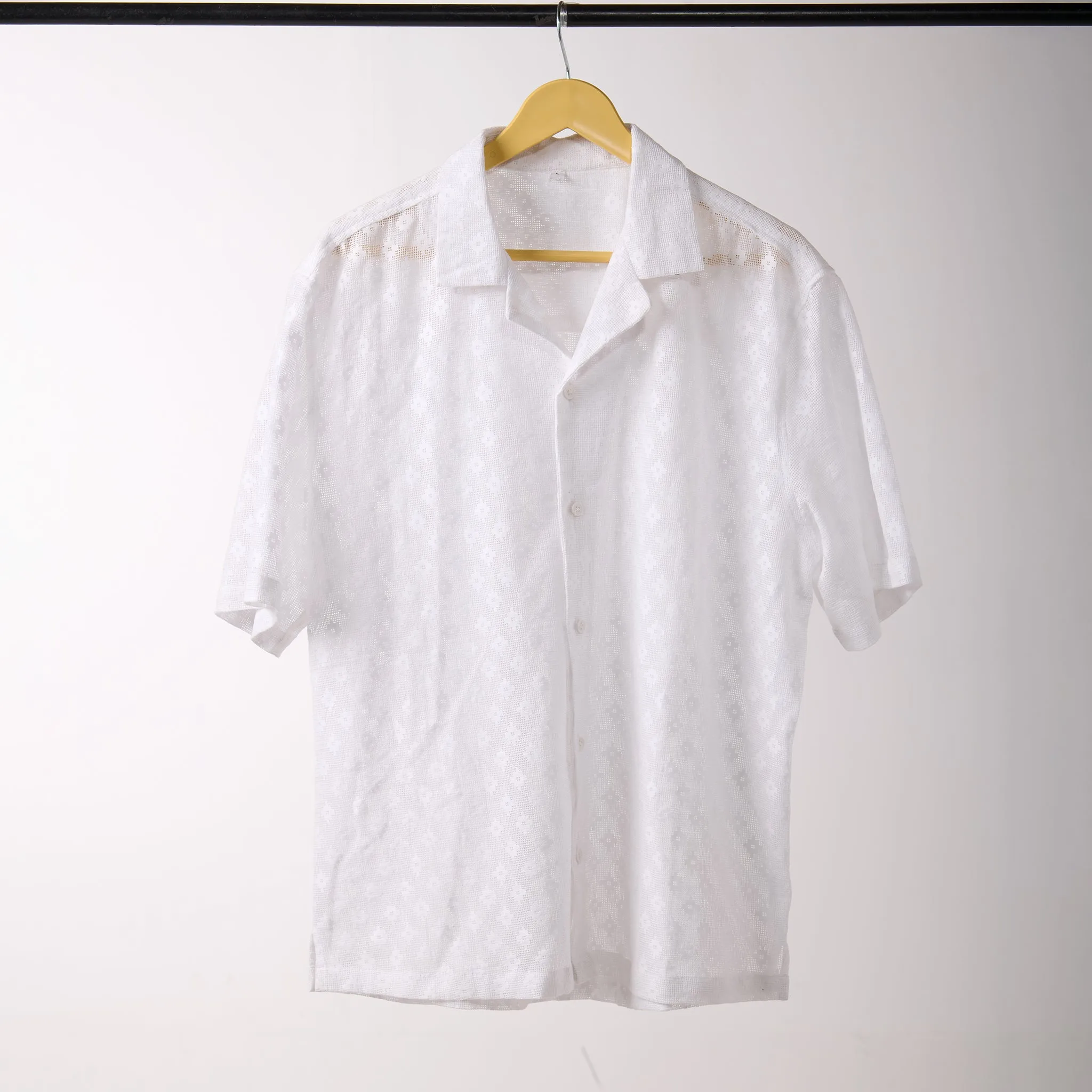 White Textured Resort Collar Shirt For Men