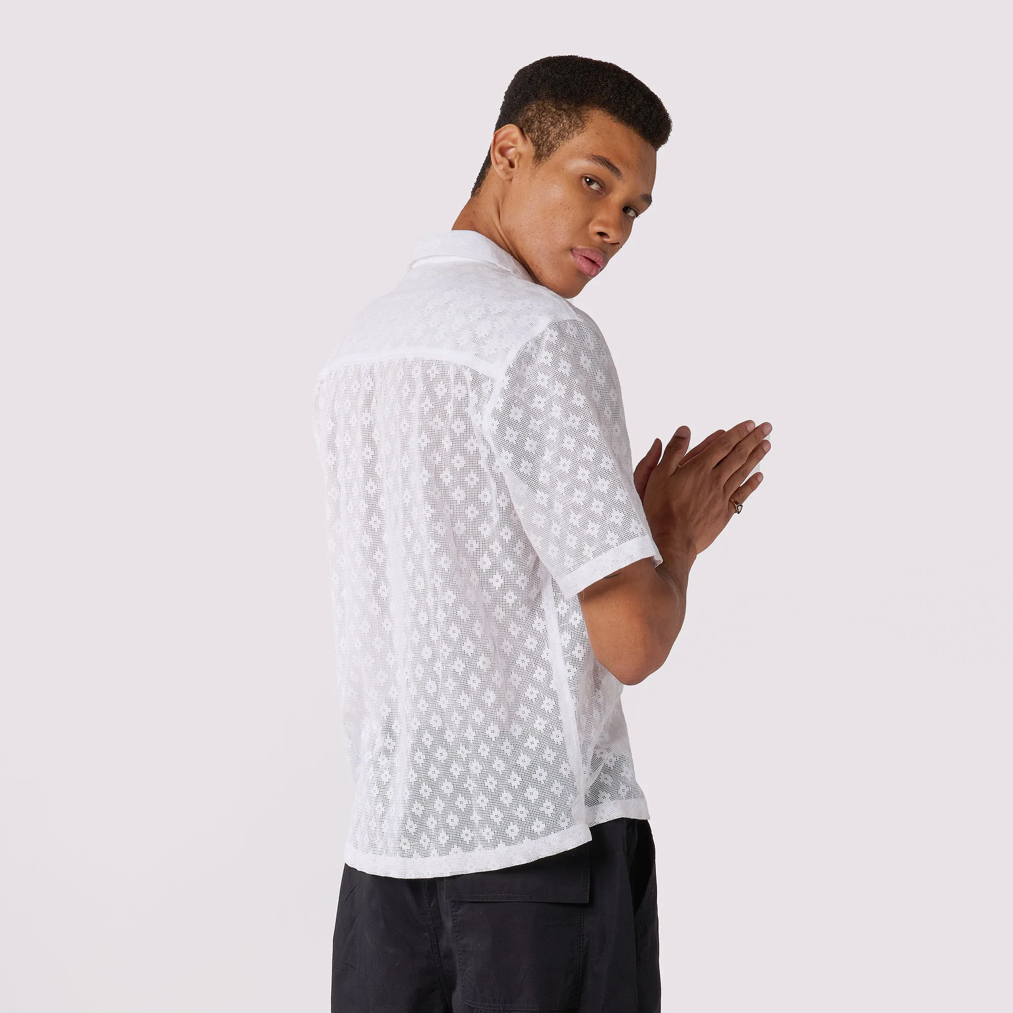 White Textured Resort Collar Shirt For Men