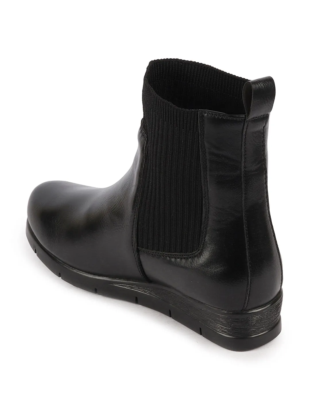 Women Black Mid Top Socks Collar Broad Feet Slip On Wedge Heel Chelsea Boots