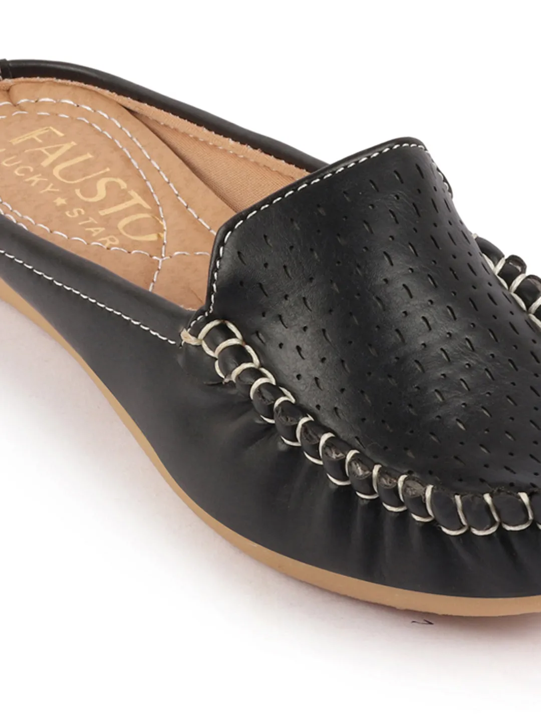 Women Black Side Stitched Laser Cut Design Back Open Slip On Mules Shoes