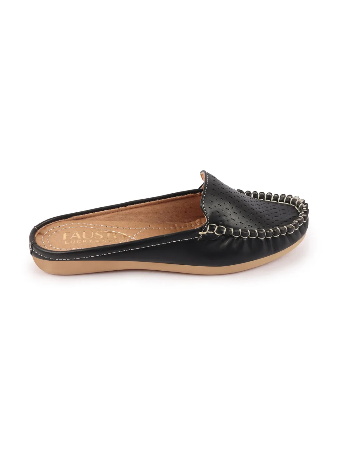 Women Black Side Stitched Laser Cut Design Back Open Slip On Mules Shoes