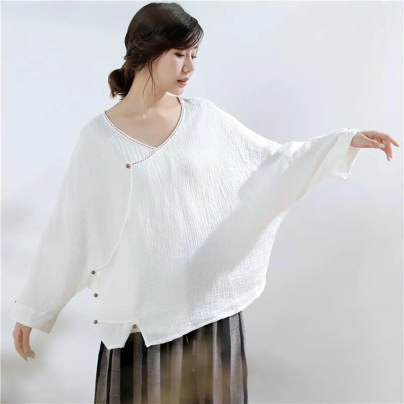 Women Embroidered Casual Button Front Loose Blouse