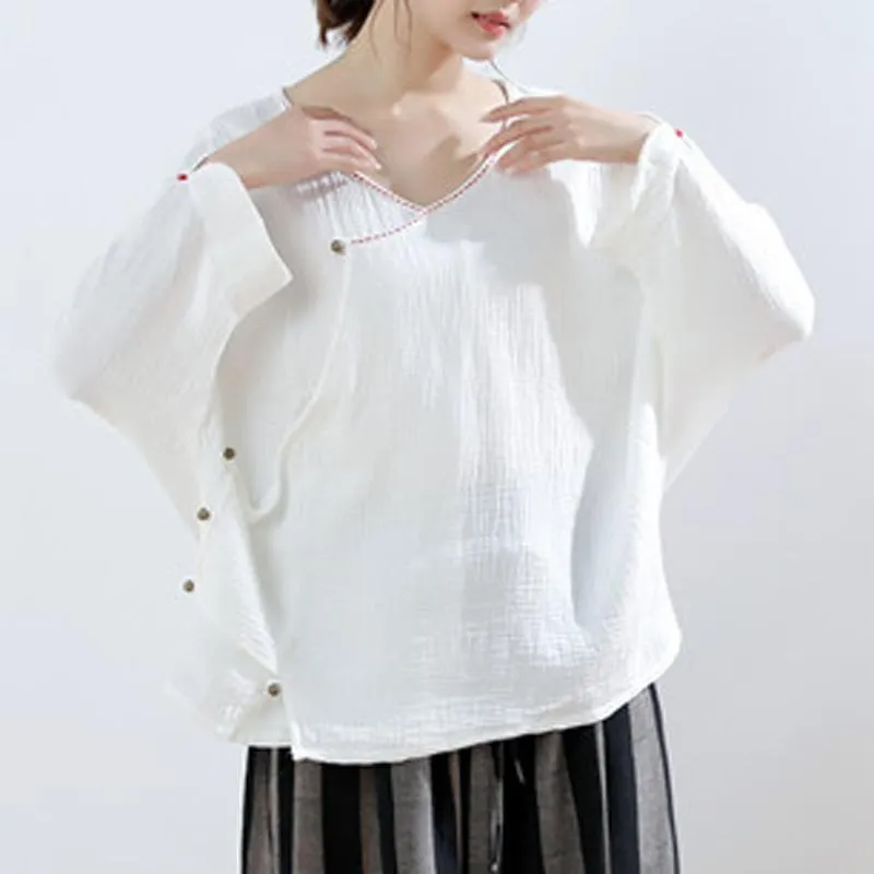 Women Embroidered Casual Button Front Loose Blouse