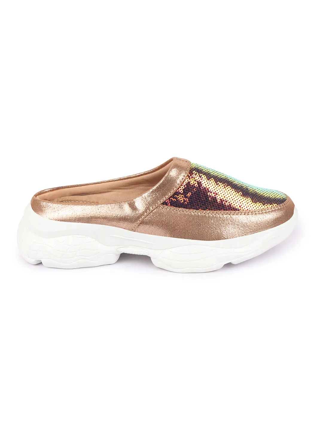 Women Golden Back Open Embellished Slip On Mules