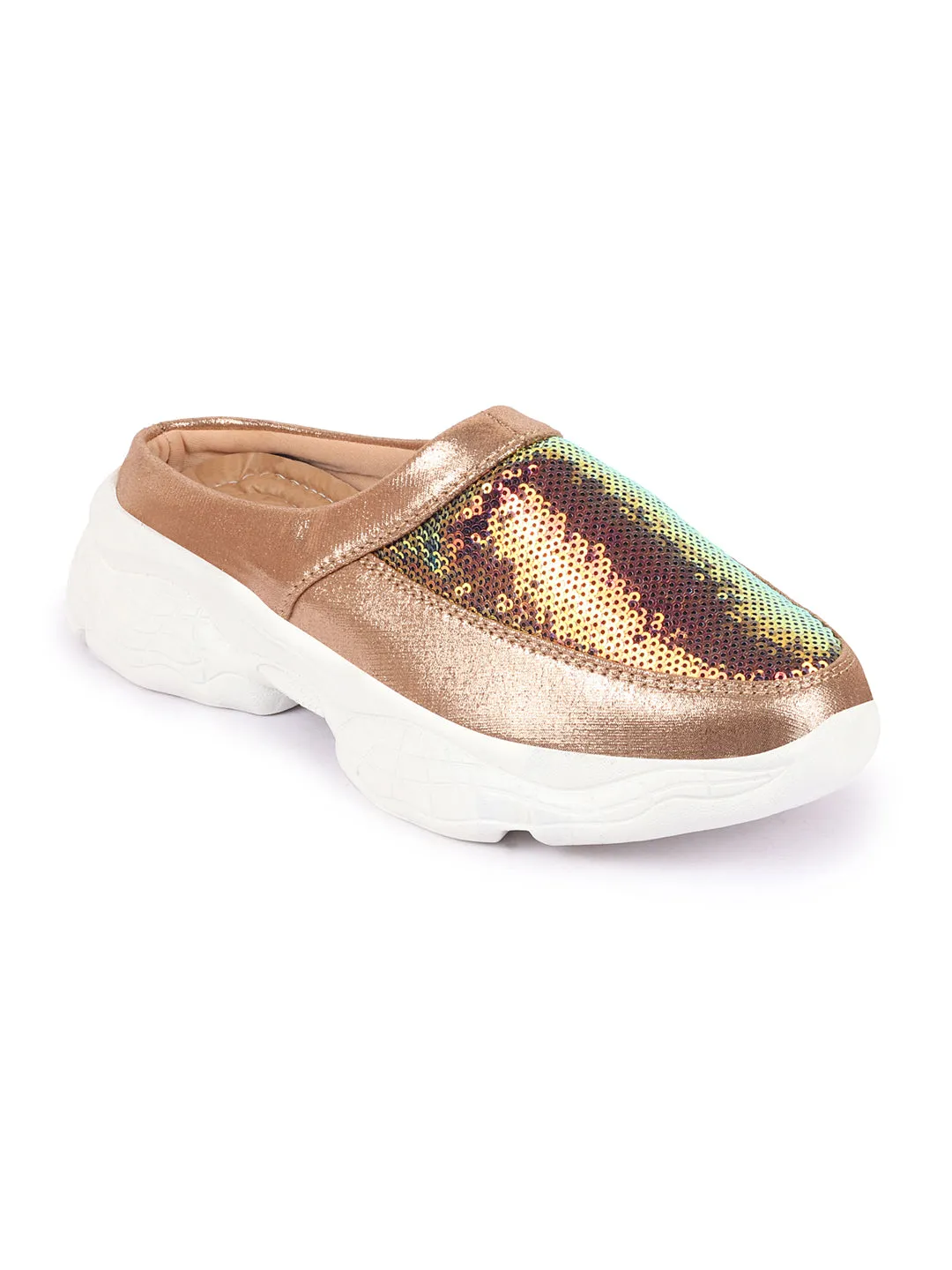 Women Golden Back Open Embellished Slip On Mules