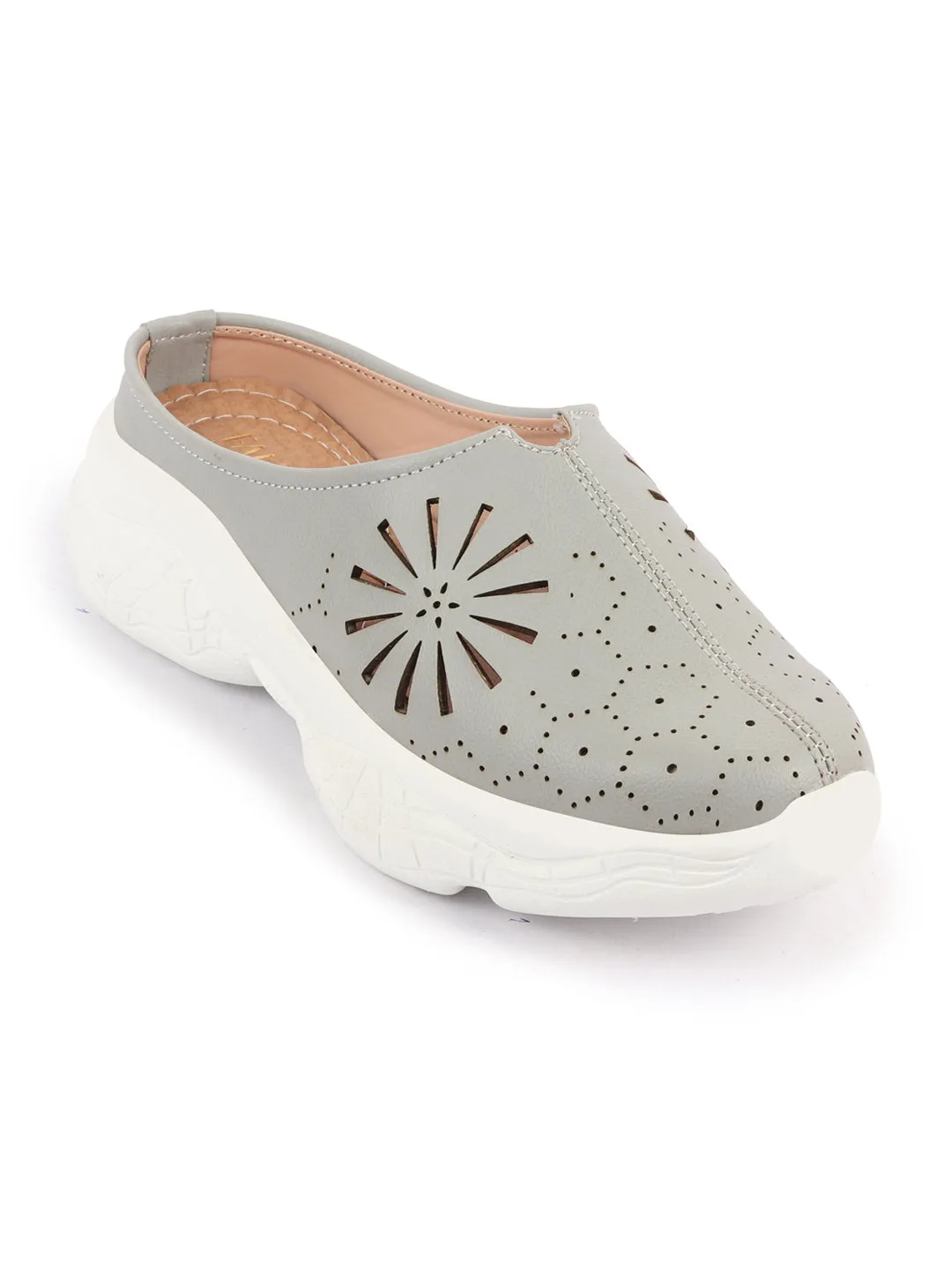 Women Grey Laser Cut Design Stitched Breathable Back Open Slip On Mules Shoes