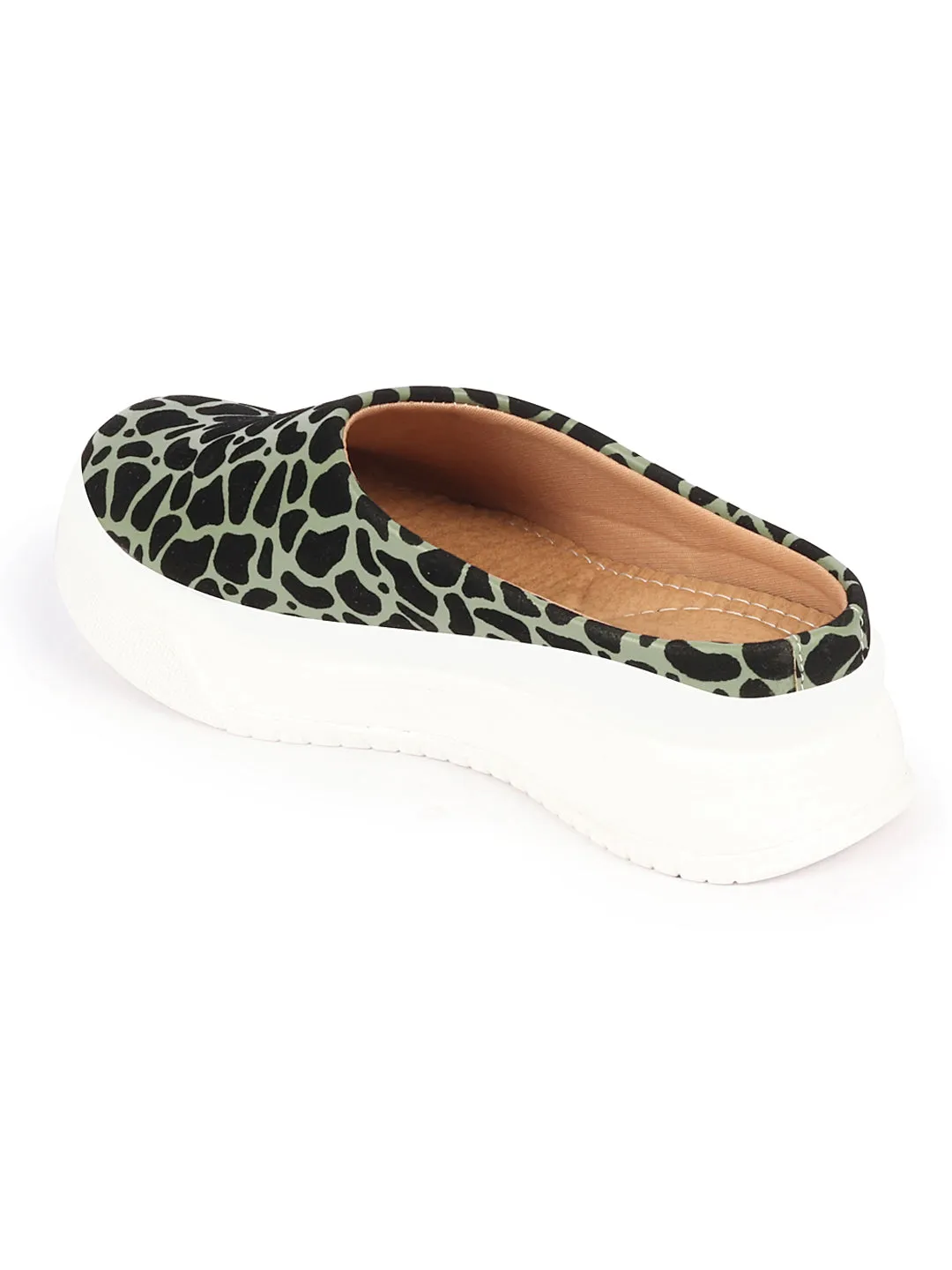 Women Olive Fashion Outdoor Leopard Print Height Enhancer Open Back Slip On Casual Shoes