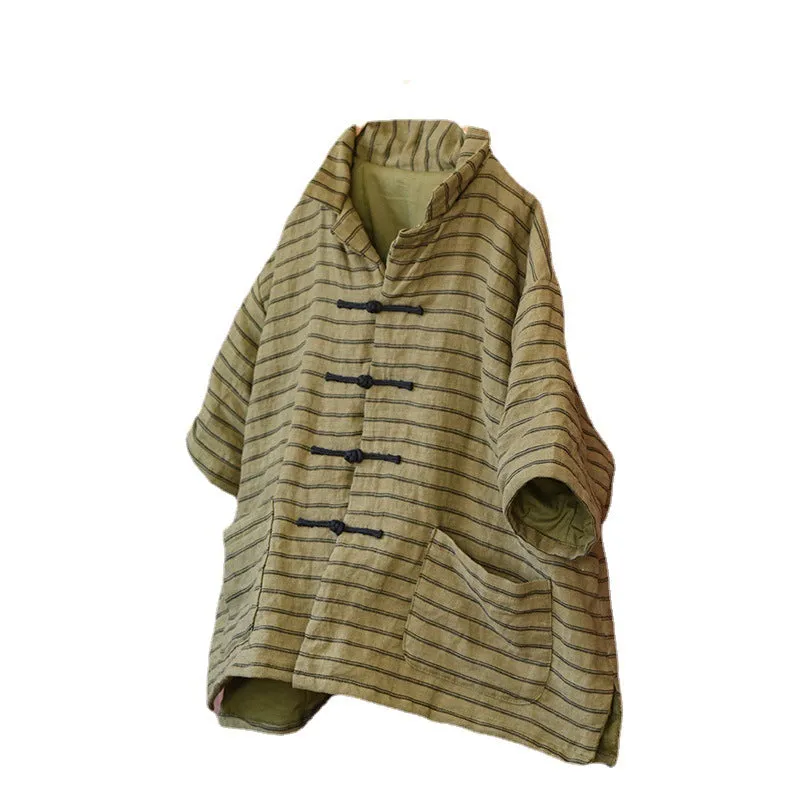 Women Retro Loose Linen Cotton Padded Stripe Blouse