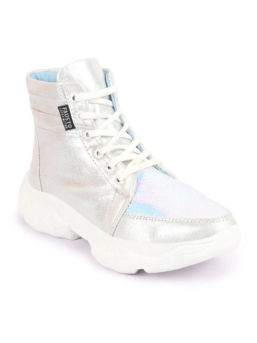 Women Silver High Ankle Lace Up Embellished Sneakers