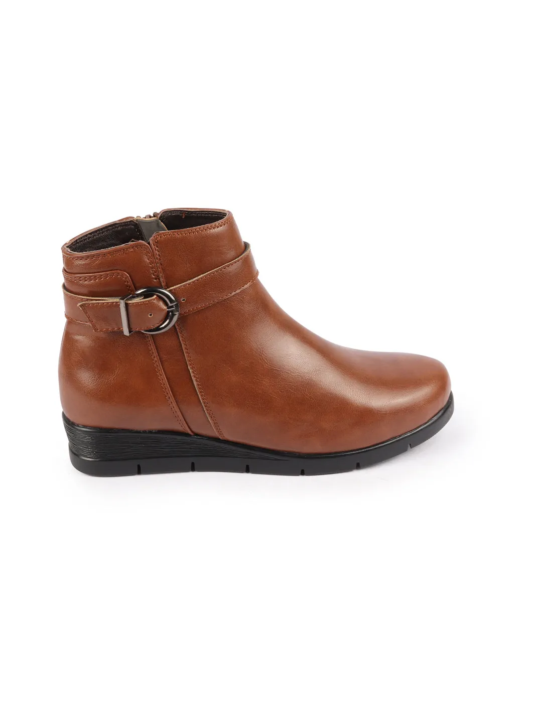 Women Tan High Ankle Broad Feet Side Zipper Closure Casual Buckle Boots