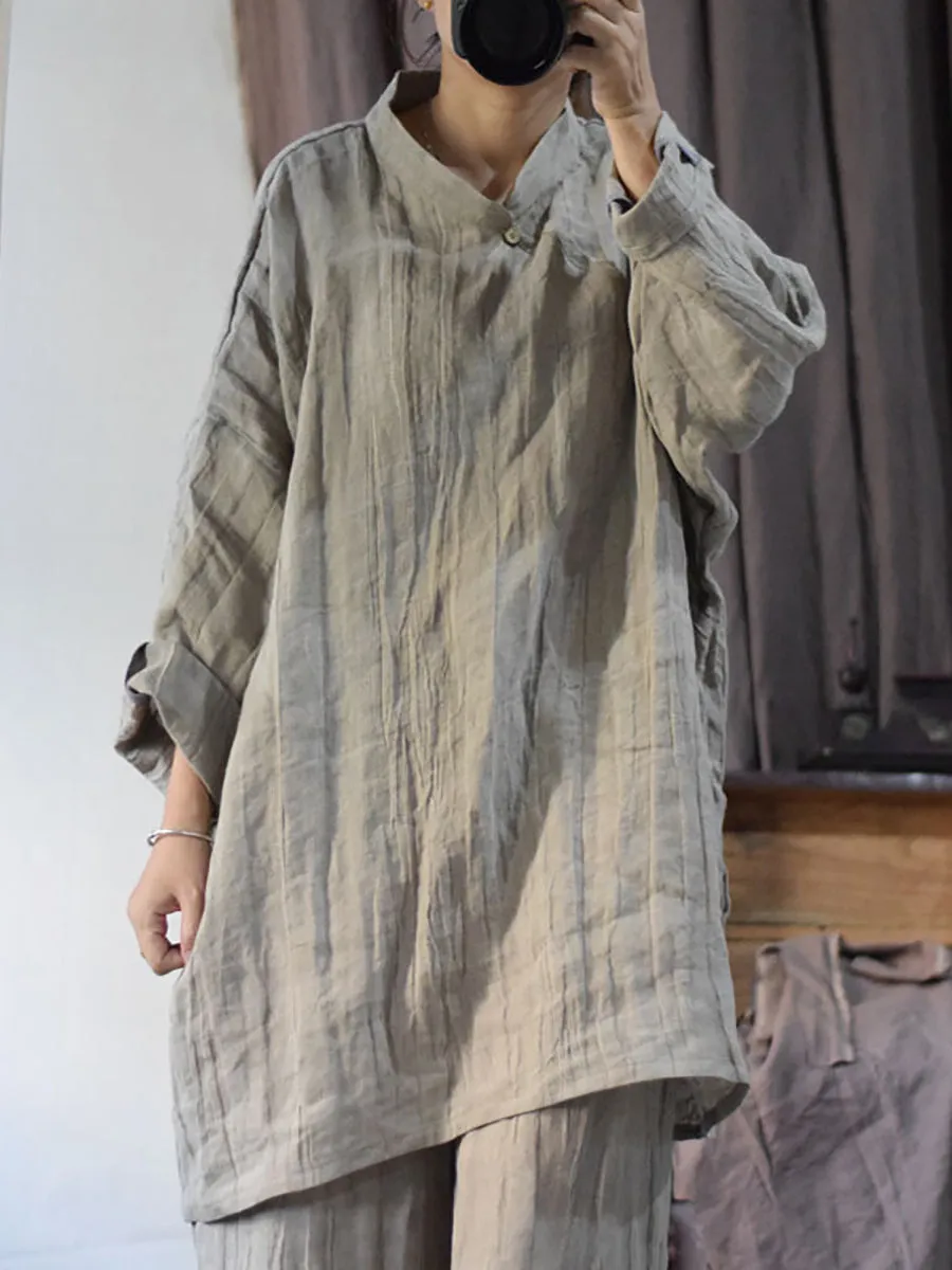 Women Vintage Solid Linen Loose Long Blouse KL1033