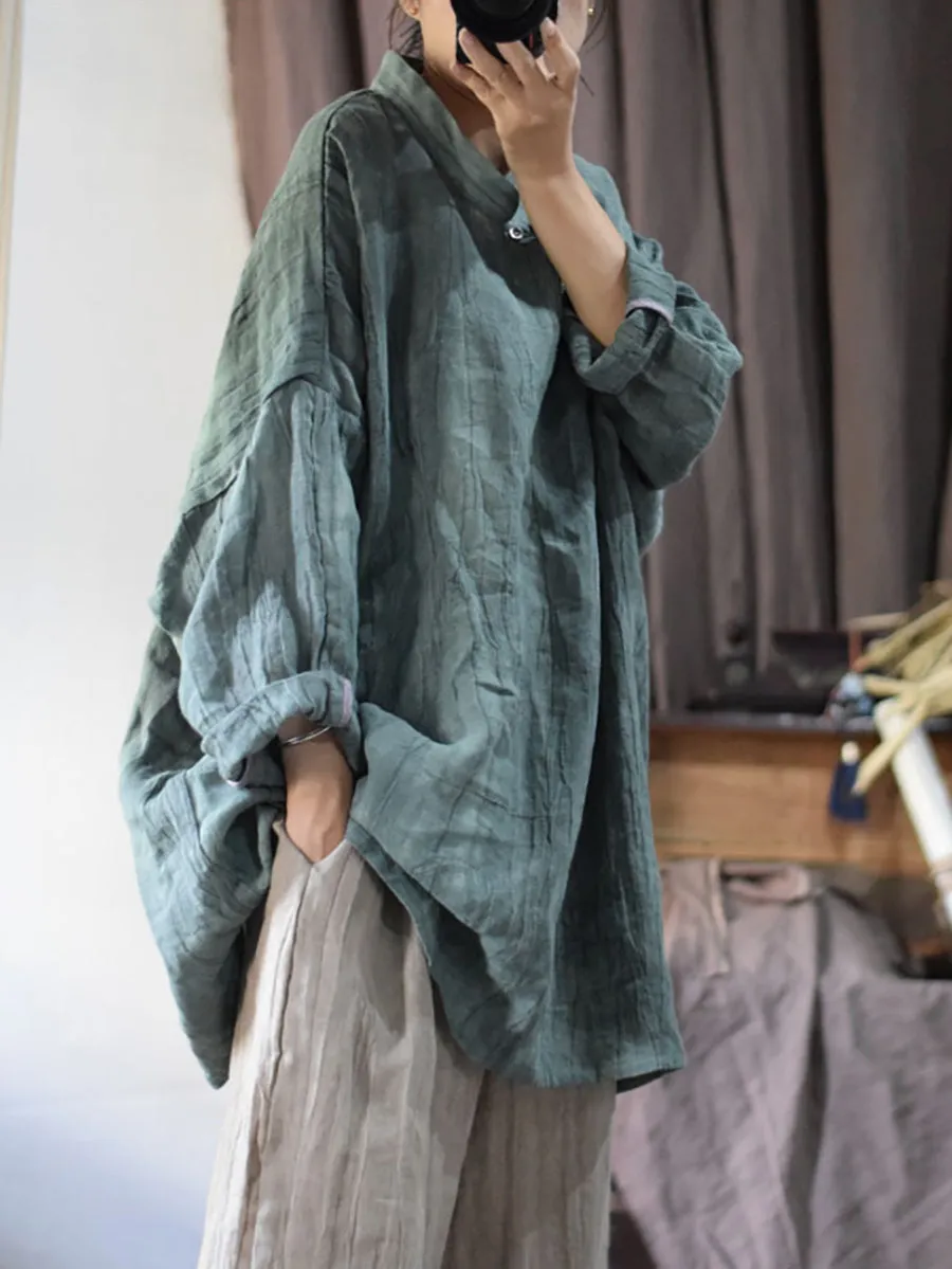 Women Vintage Solid Linen Loose Long Blouse KL1033