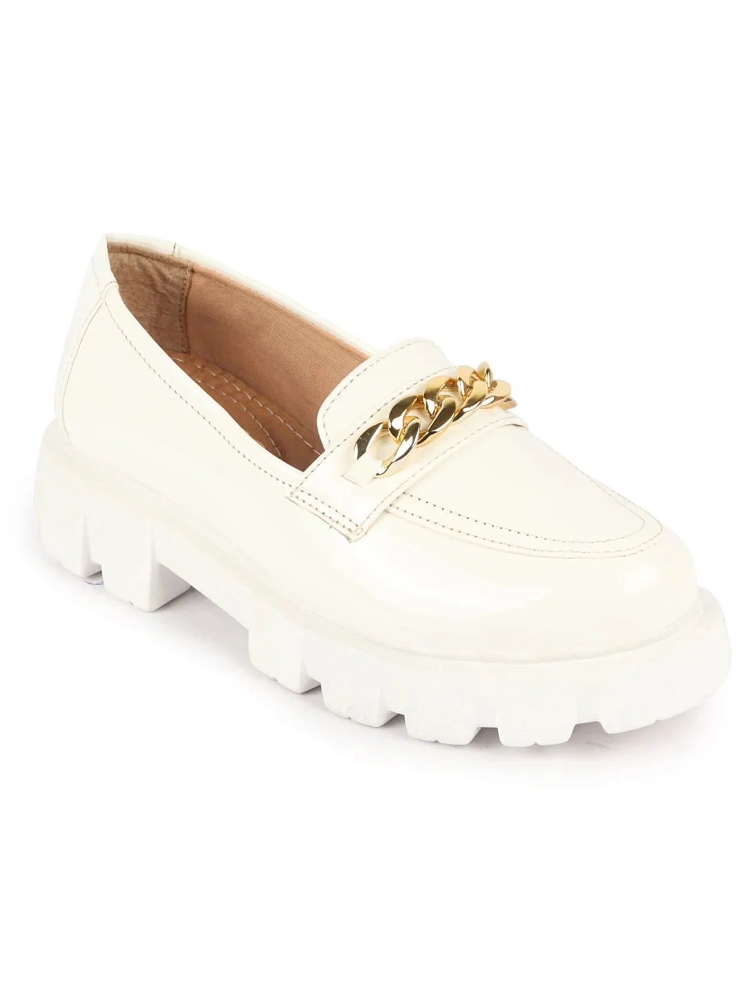 Women White Patent Leather Shiny Chain Buckle Classic Casual Slip On Loafer Shoes