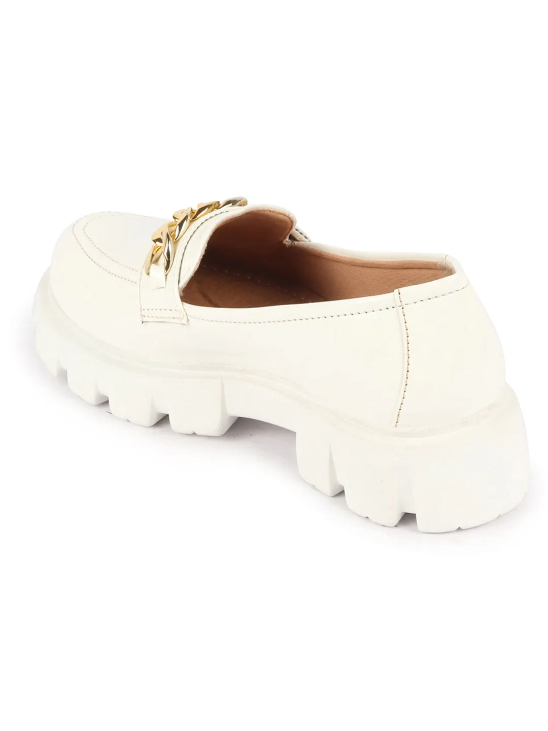 Women White Patent Leather Shiny Chain Buckle Classic Casual Slip On Loafer Shoes