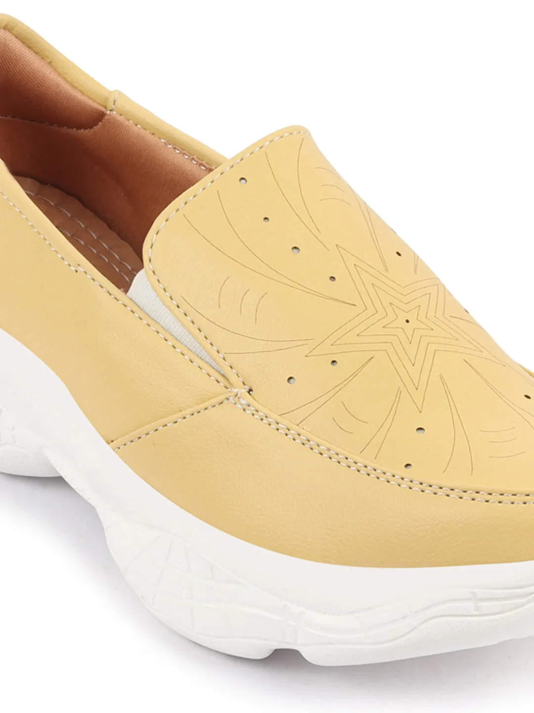 Women Yellow Printed Design Stitched Comfort Slip On Sneaker Shoes